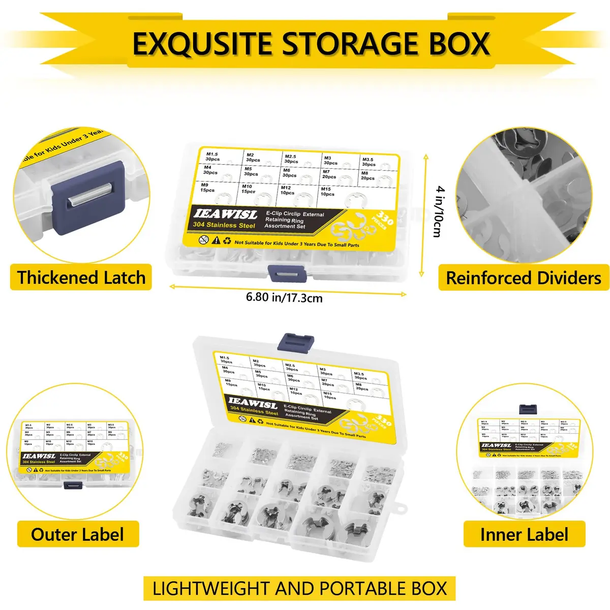 IEAWISL 330-Piece External Retaining Rings Assortment M1.5-M15 | Stainless Steel E-Clips for Shafts - view 5