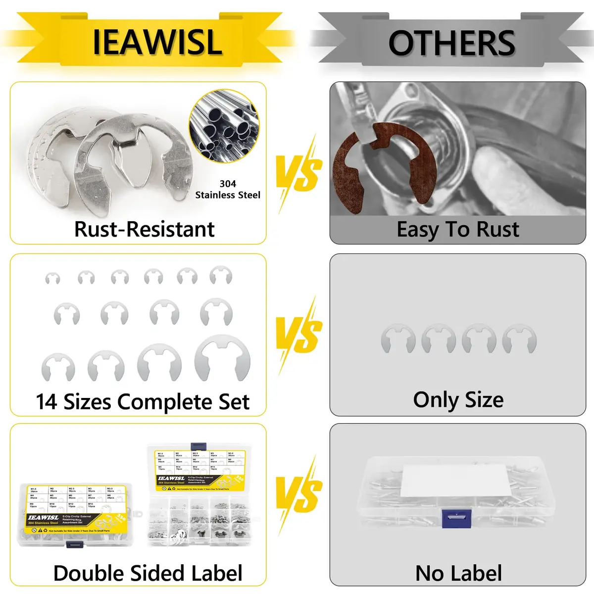 IEAWISL 330-Piece External Retaining Rings Assortment M1.5-M15 | Stainless Steel E-Clips for Shafts - view 6