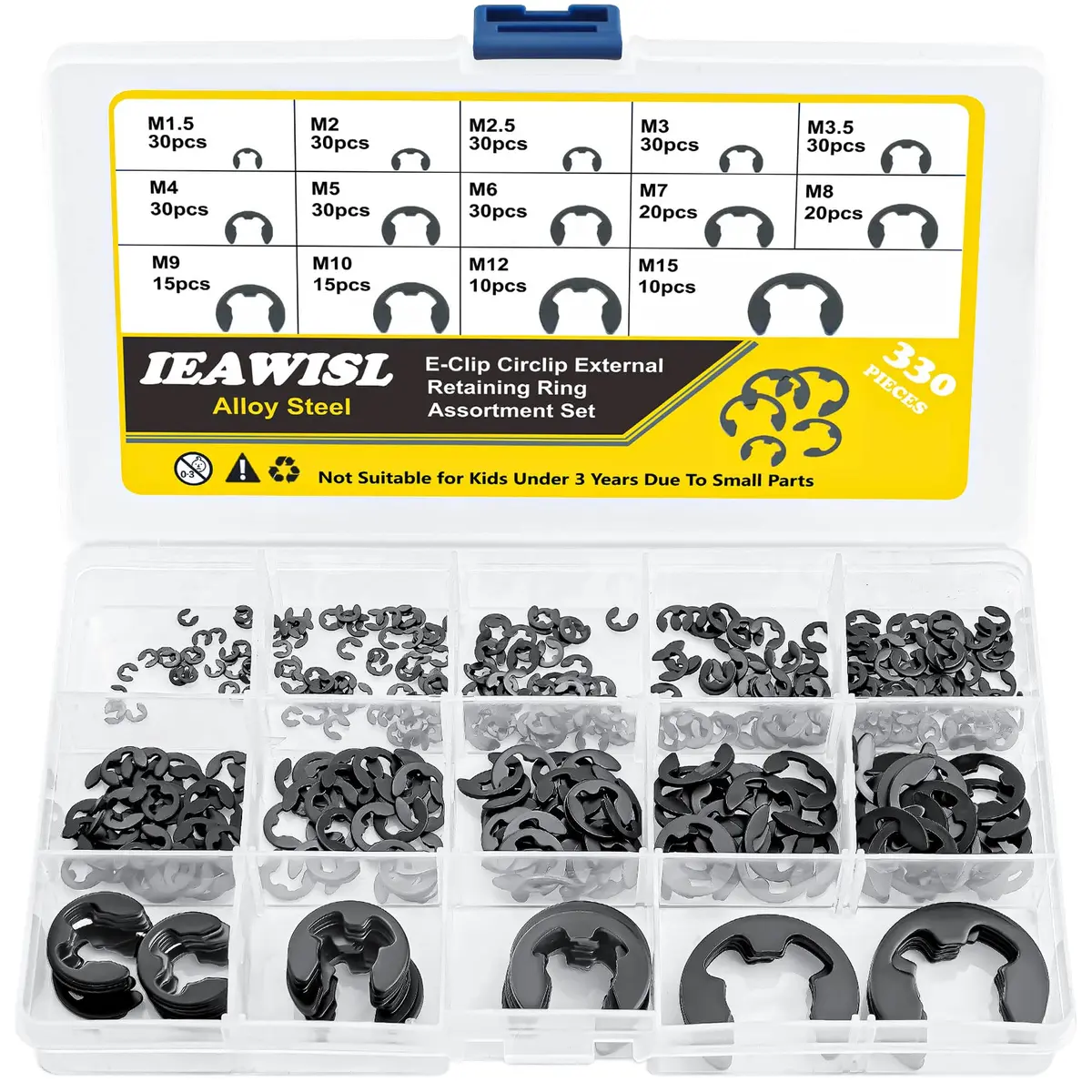 IEAWISL 330 Pcs Alloy Steel External Retaining Rings Assortment Set | Metric Sizes M1.5-M15 - main product image