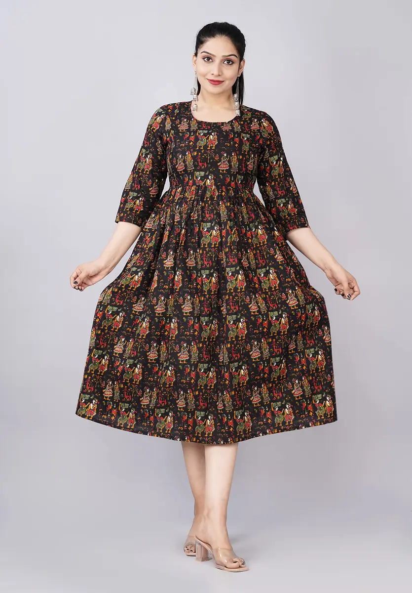Jikonet Black Floral Maternity Kurti with Concealed Zips for Breastfeeding | 119 cm (47 Inch) - view 2