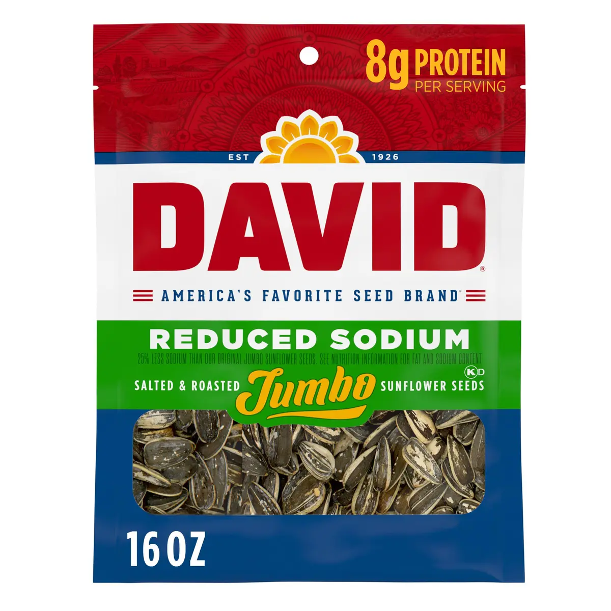 David Reduced Sodium Sunflower Seeds, 16 oz. | Classic flavor with 25% less sodium, gluten-free, travel snack - main product image