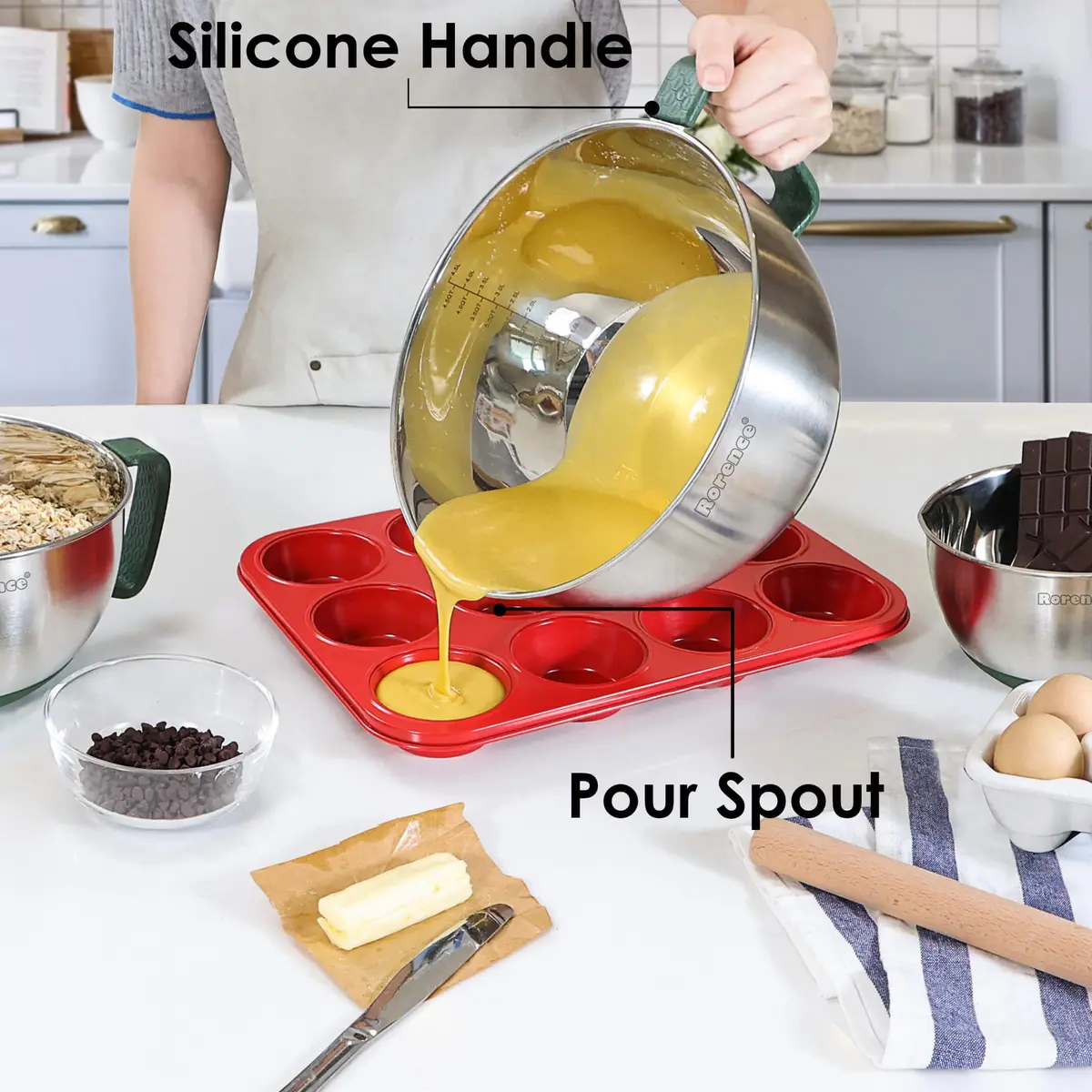 Rorence Stainless Steel Mixing Bowls Set with Lids, 1.5, 3 & 5 Qt, Green | Durable, Lightweight & Food Safe - view 6