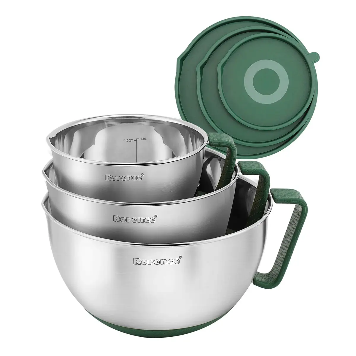 Rorence Stainless Steel Mixing Bowls Set with Lids, 1.5, 3 & 5 Qt, Green | Durable, Lightweight & Food Safe - main product image