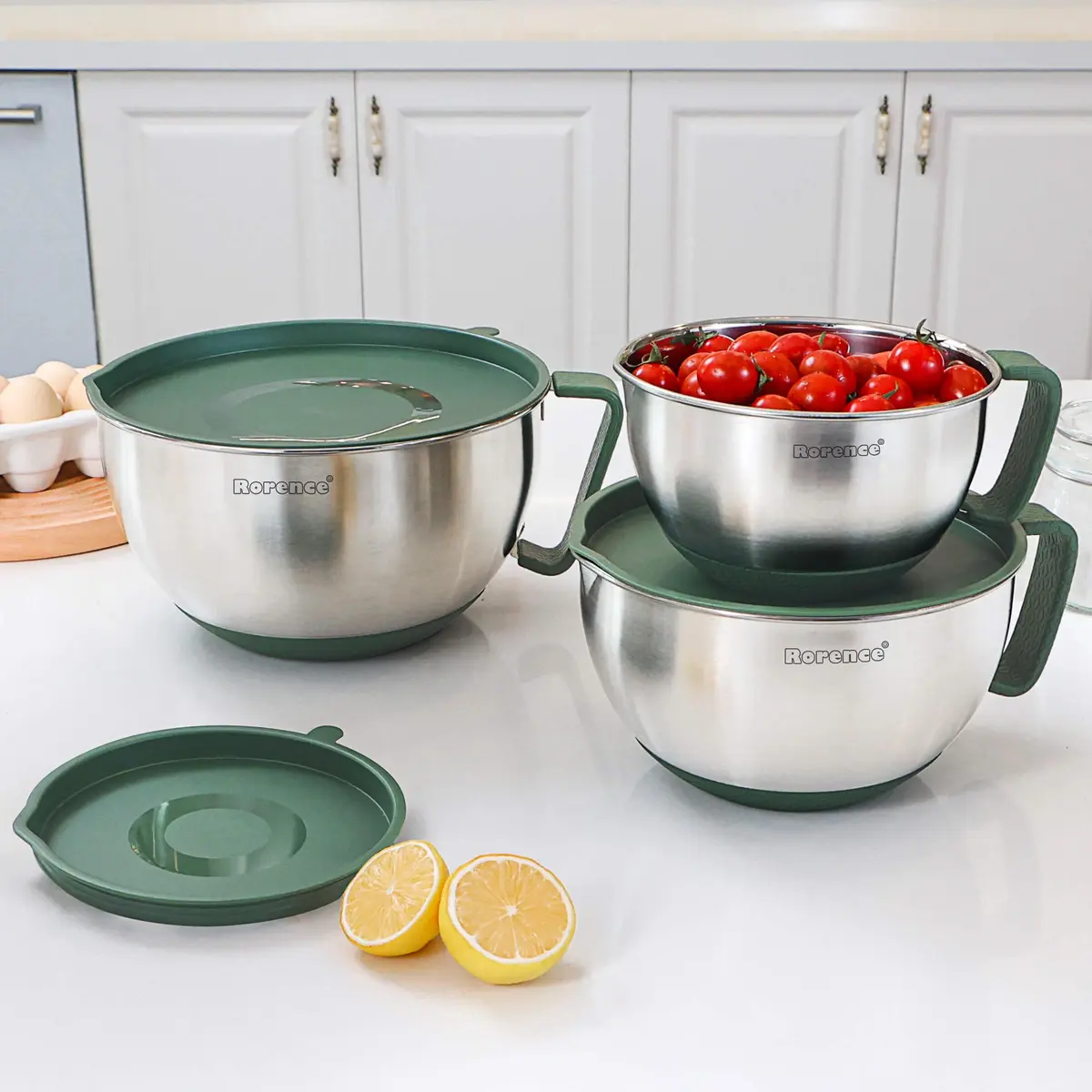 Rorence Stainless Steel Mixing Bowls Set with Lids, 1.5, 3 & 5 Qt, Green | Durable, Lightweight & Food Safe - view 7