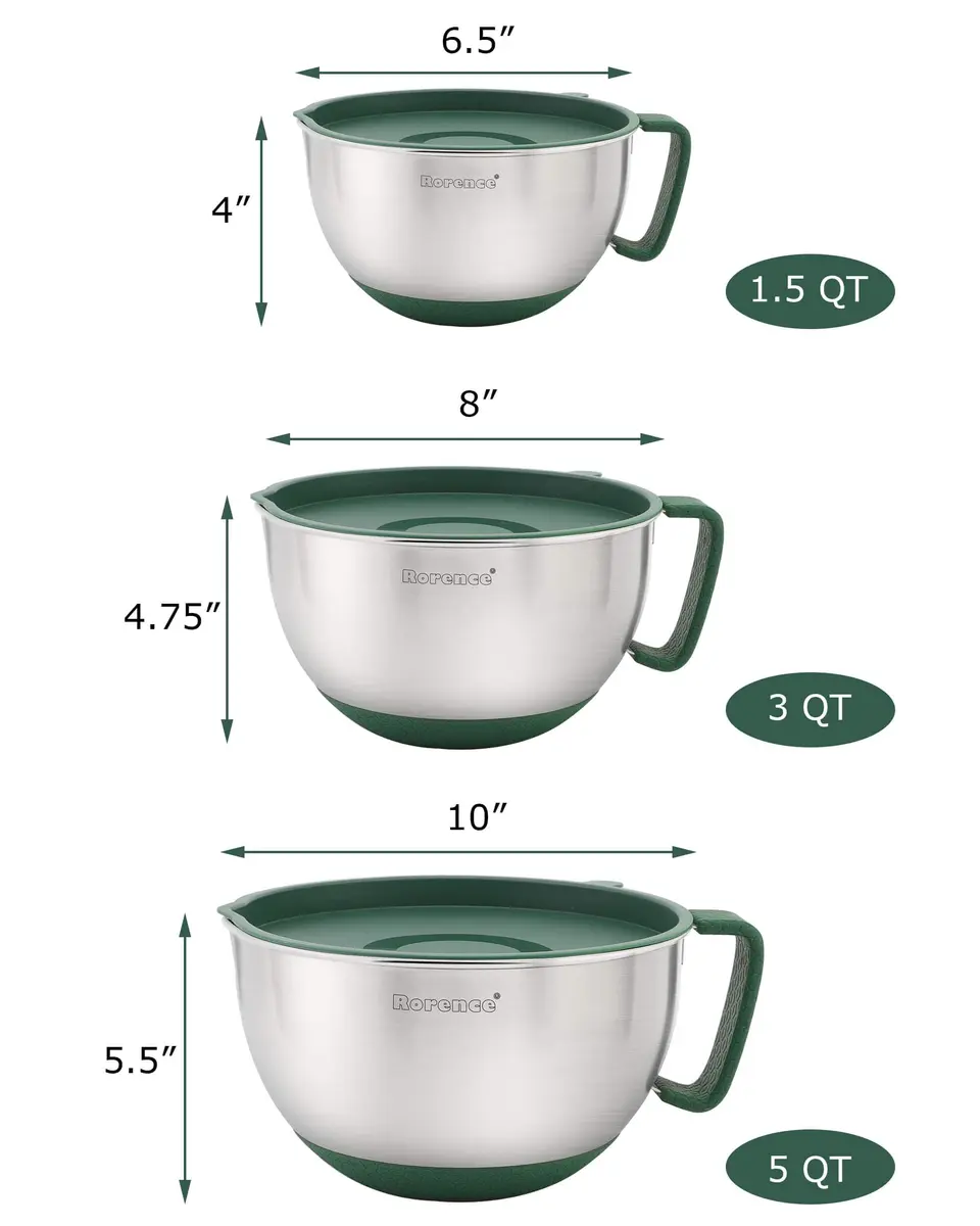 Rorence Stainless Steel Mixing Bowls Set with Lids, 1.5, 3 & 5 Qt, Green | Durable, Lightweight & Food Safe - view 2