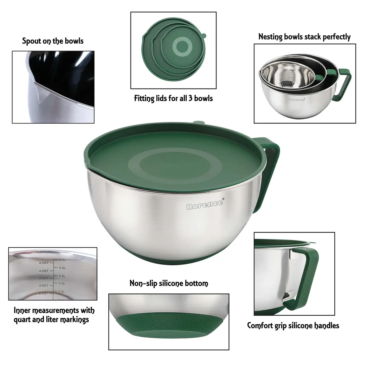 Rorence Stainless Steel Mixing Bowls Set with Lids, 1.5, 3 & 5 Qt, Green | Durable, Lightweight & Food Safe - view 3
