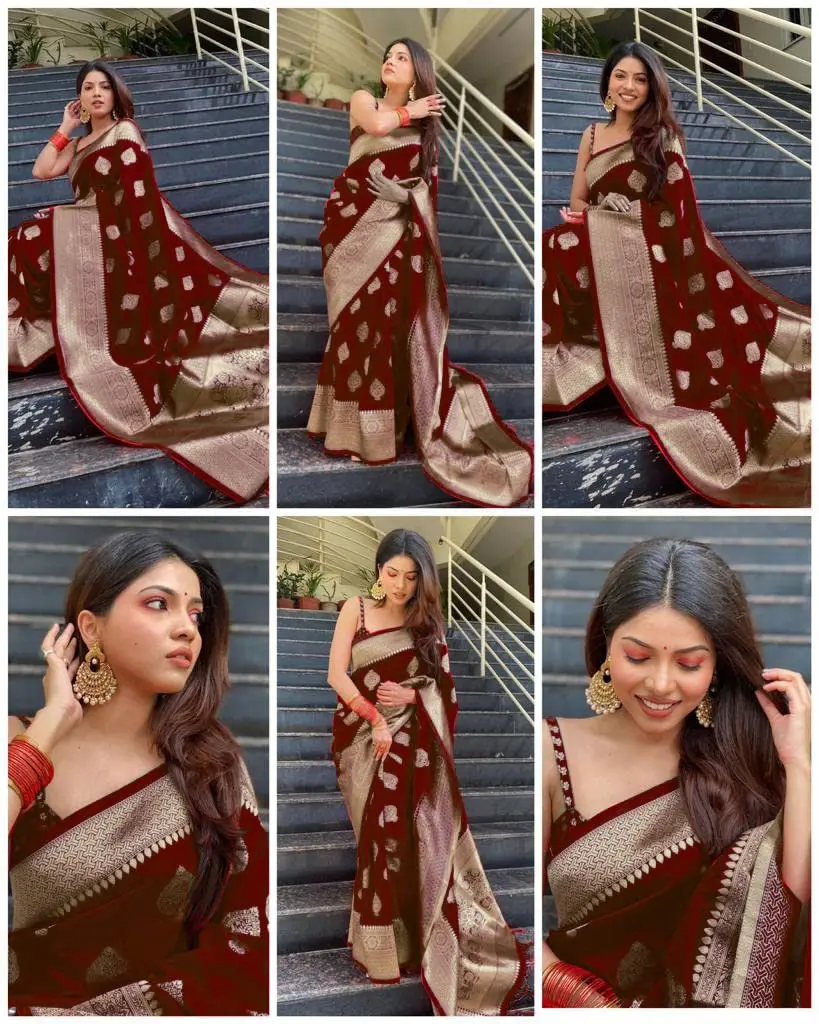 Avantika Fashion Kanjivaram Soft Pure Silk Banarasi Saree with Blouse Piece, Maroon, 610 cm (20 ft) - view 8