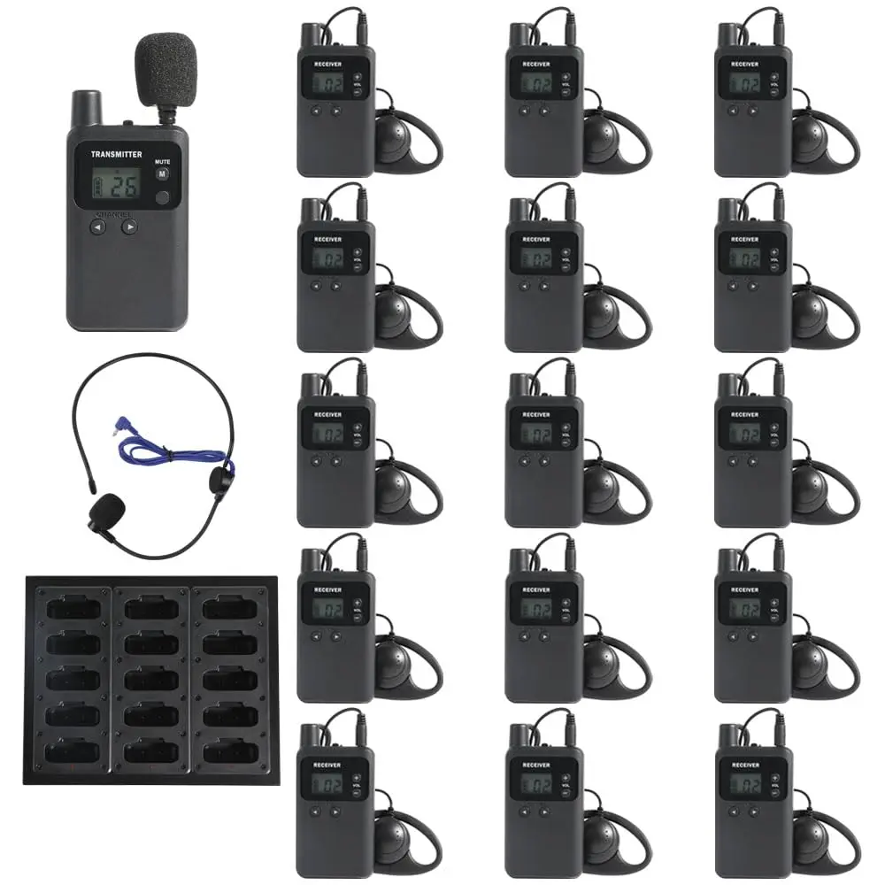 AGJ Wireless Tour Guide System, 1 Transmitter 15 Receivers, UHF 902-928 MHz | Long Range, Rechargeable, Easy Operation - main product image