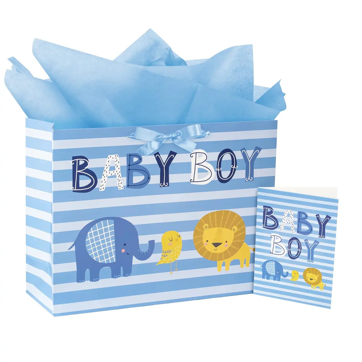 Loveinside Baby Boy Gift Bag with Tissue Paper and Greeting Card | Blue Animal Design, 16" x 6" x 12" - main product image
