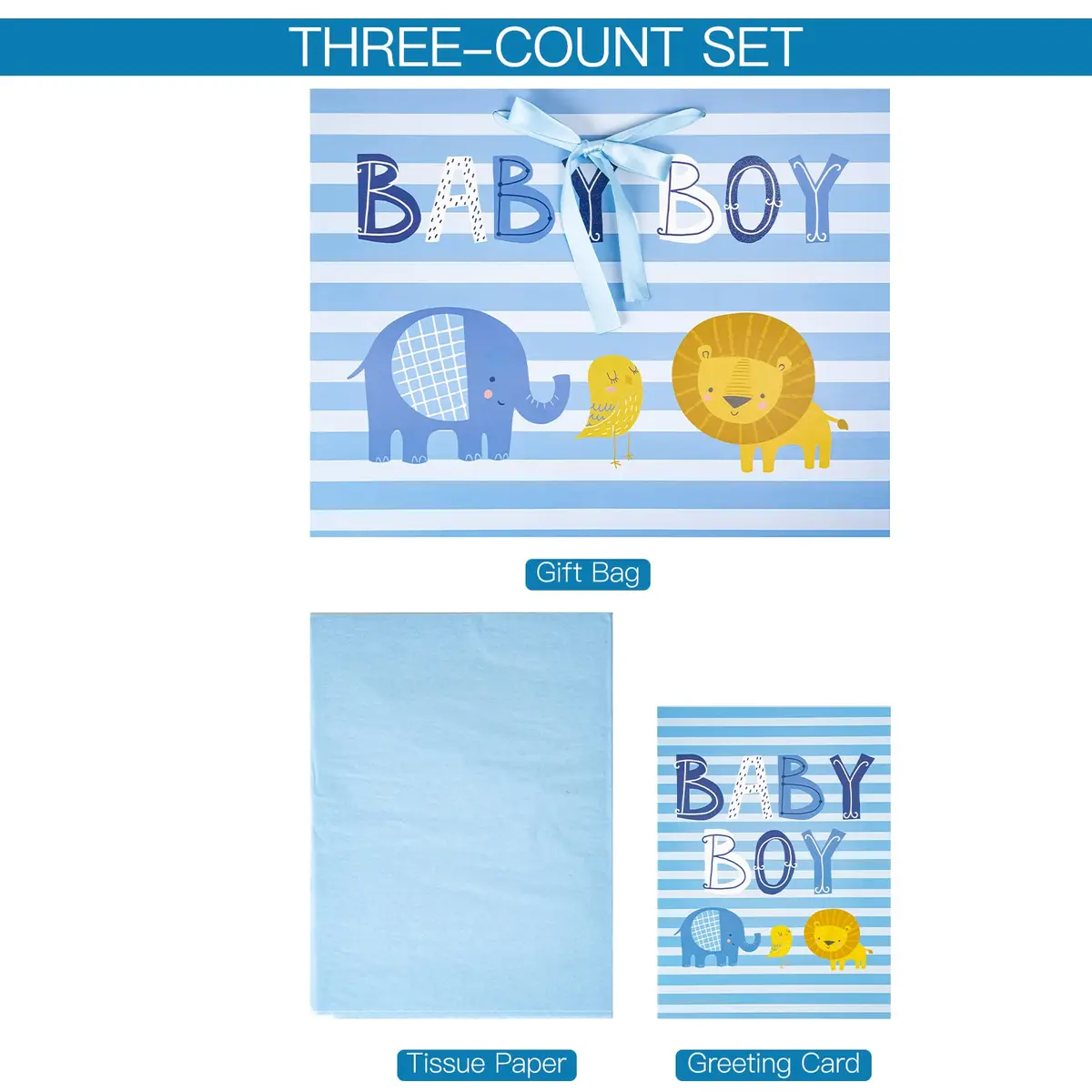 Loveinside Baby Boy Gift Bag with Tissue Paper and Greeting Card | Blue Animal Design, 16" x 6" x 12" - view 5