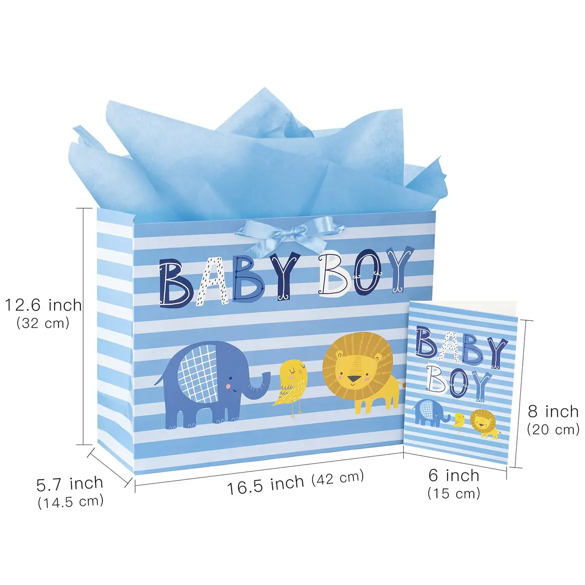 Loveinside Baby Boy Gift Bag with Tissue Paper and Greeting Card | Blue Animal Design, 16" x 6" x 12" - view 6
