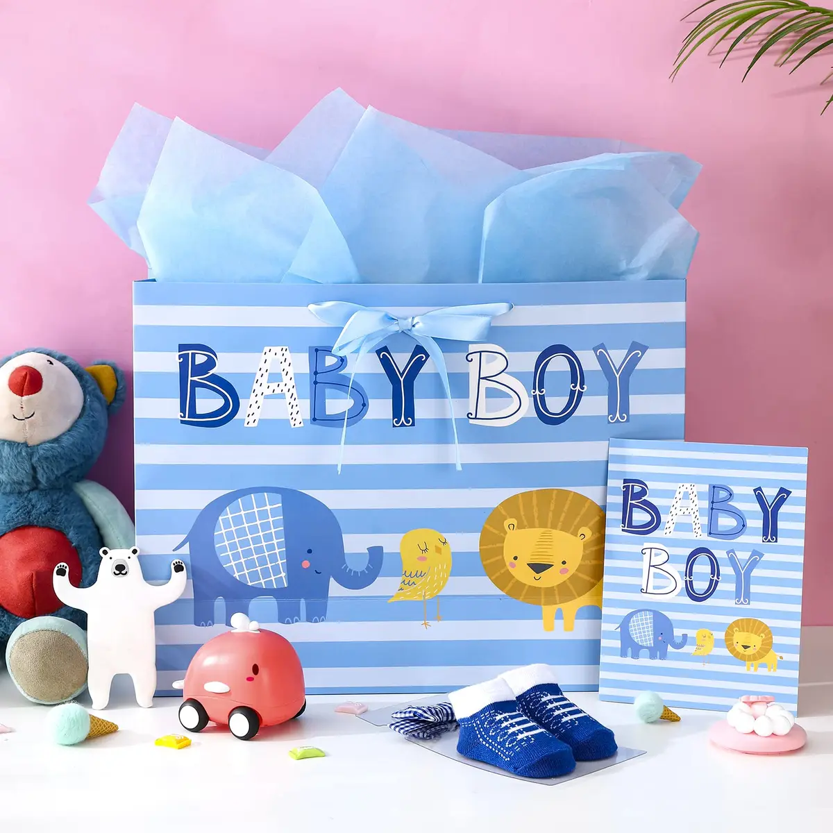 Loveinside Baby Boy Gift Bag with Tissue Paper and Greeting Card | Blue Animal Design, 16" x 6" x 12" - view 2