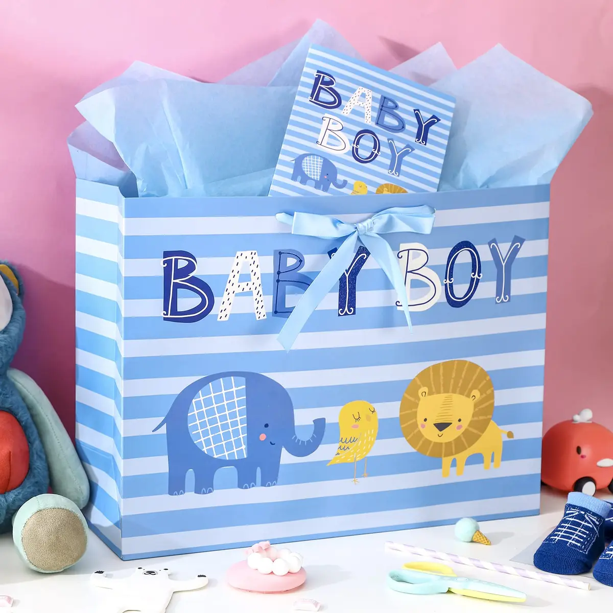 Loveinside Baby Boy Gift Bag with Tissue Paper and Greeting Card | Blue Animal Design, 16" x 6" x 12" - view 3