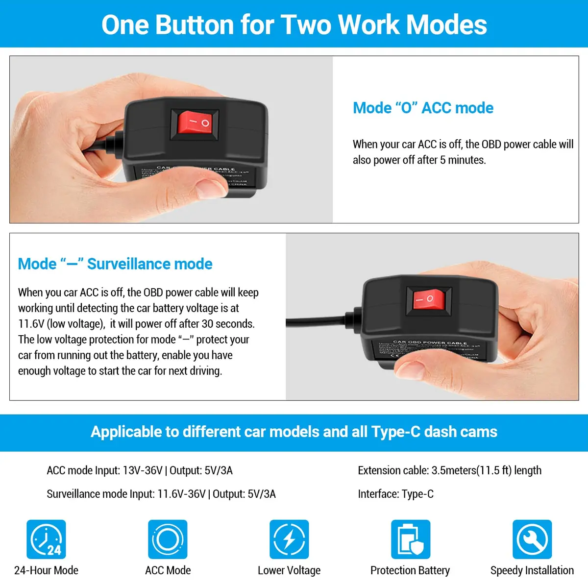 ssontong OBD Dash Cam Power Cable Type-C USB Hardwire Kit ACC Mode with Switch 3.5m (11.5 ft) | Dual Mode Parking Surveillance - view 5