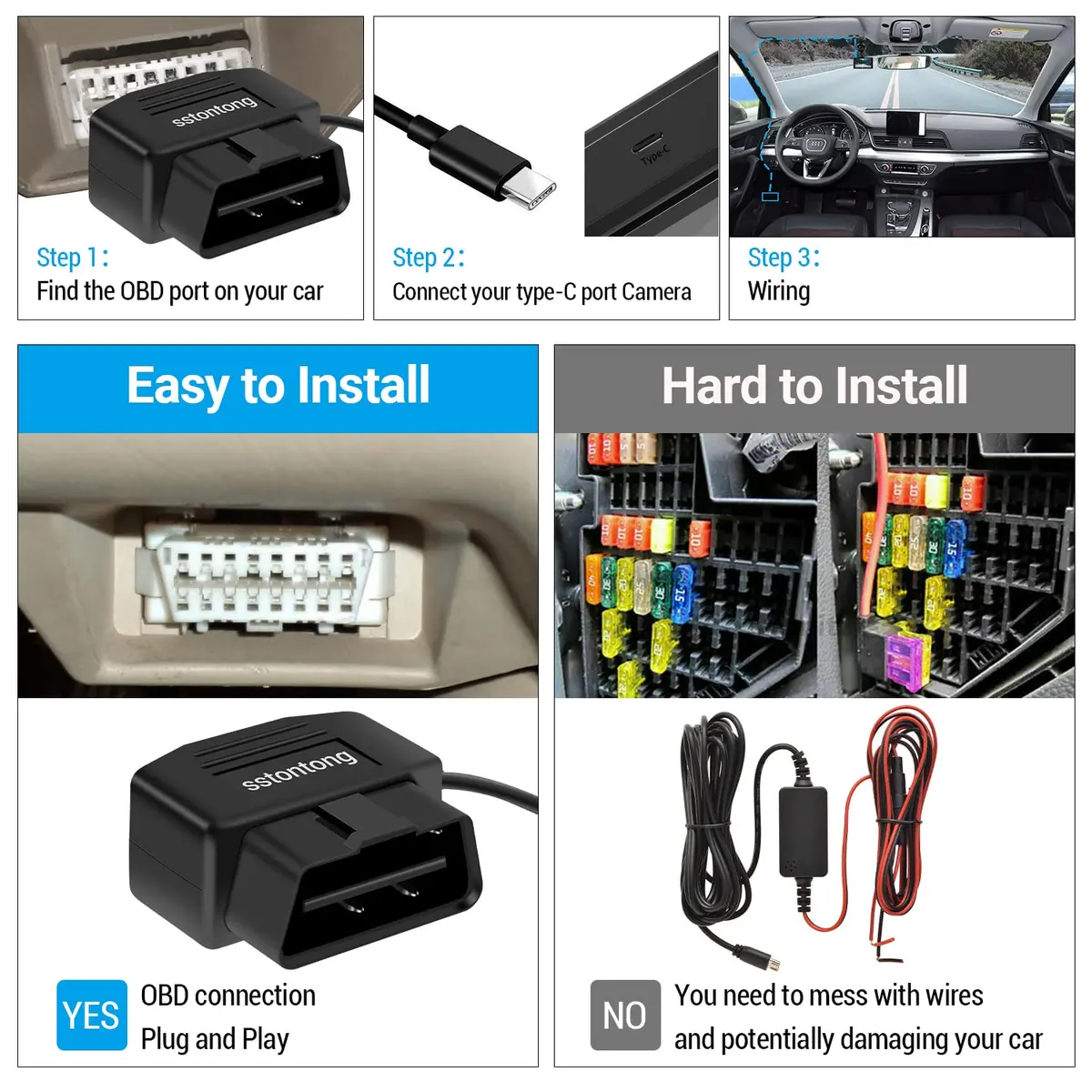 ssontong OBD Dash Cam Power Cable Type-C USB Hardwire Kit ACC Mode with Switch 3.5m (11.5 ft) | Dual Mode Parking Surveillance - view 6