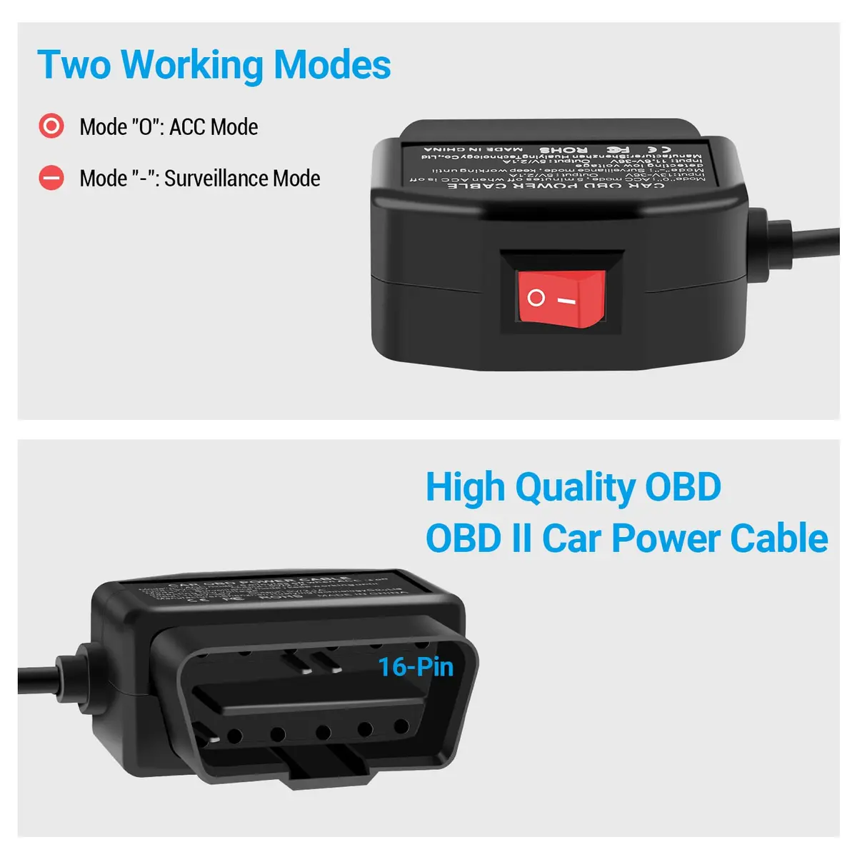 ssontong OBD Dash Cam Power Cable Type-C USB Hardwire Kit ACC Mode with Switch 3.5m (11.5 ft) | Dual Mode Parking Surveillance - view 2