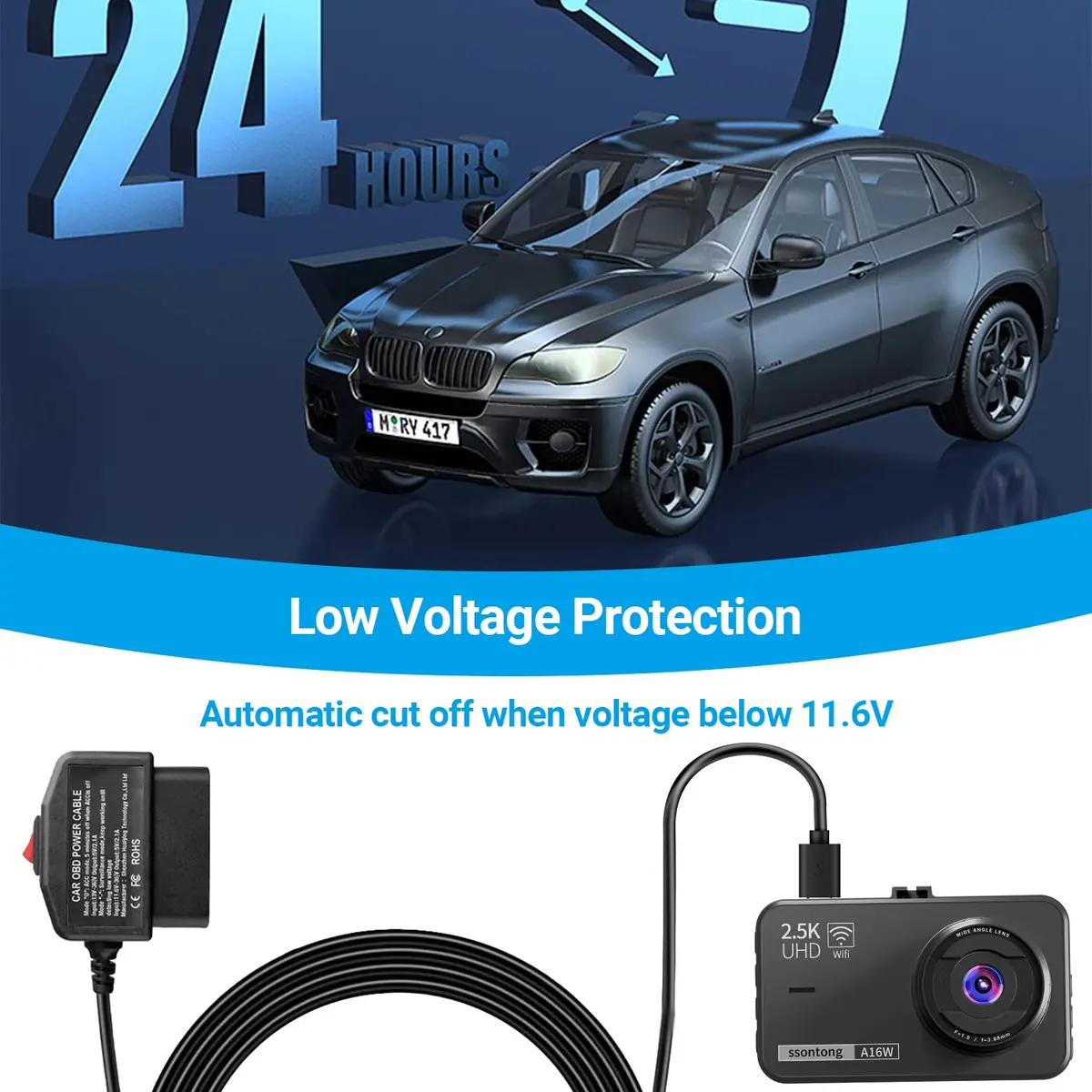 ssontong OBD Dash Cam Power Cable Type-C USB Hardwire Kit ACC Mode with Switch 3.5m (11.5 ft) | Dual Mode Parking Surveillance - view 3