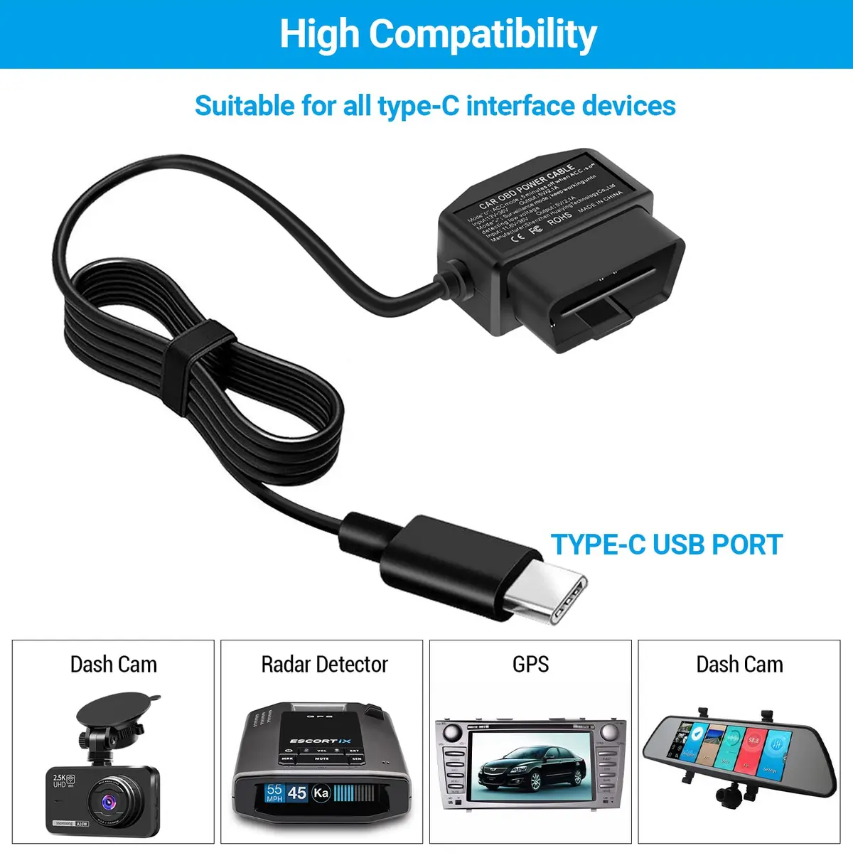 ssontong OBD Dash Cam Power Cable Type-C USB Hardwire Kit ACC Mode with Switch 3.5m (11.5 ft) | Dual Mode Parking Surveillance - view 4