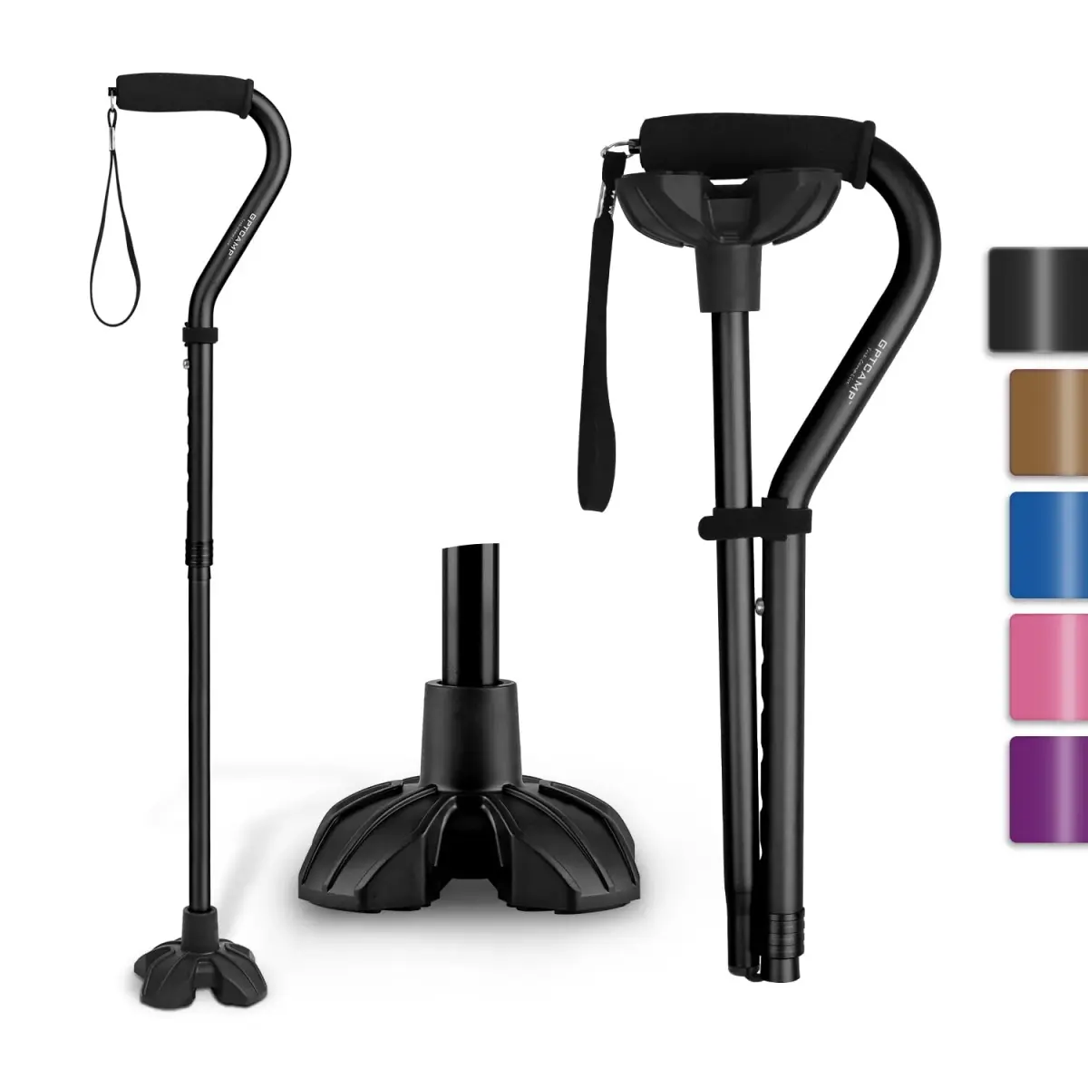 GPTCAMP Quad Base Walking Cane 79-92cm (31"-36") | Self-Standing, 140kg Capacity, Offset Grip - main product image