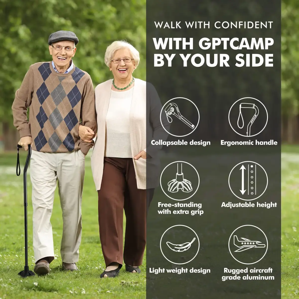 GPTCAMP Quad Base Walking Cane 79-92cm (31"-36") | Self-Standing, 140kg Capacity, Offset Grip - view 2