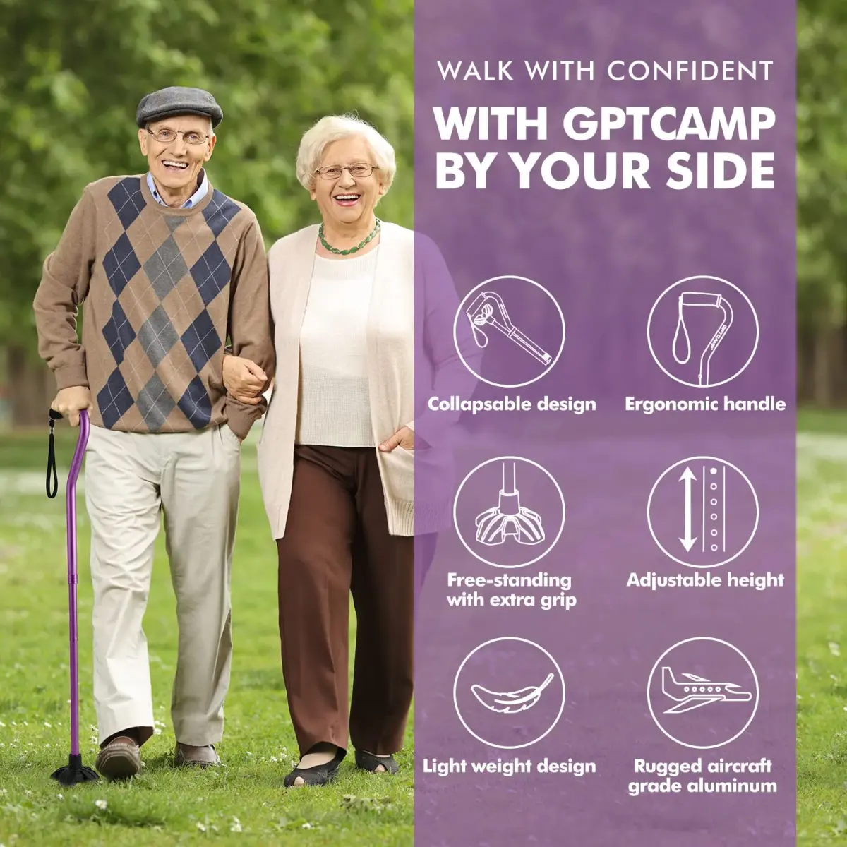GPTCAMP Quad Base Walking Cane with Offset EVA Handle & Self-Standing Feature | 1.1 lbs Lightweight, 300 lbs Capacity, Adjustable 31"-36" - view 2