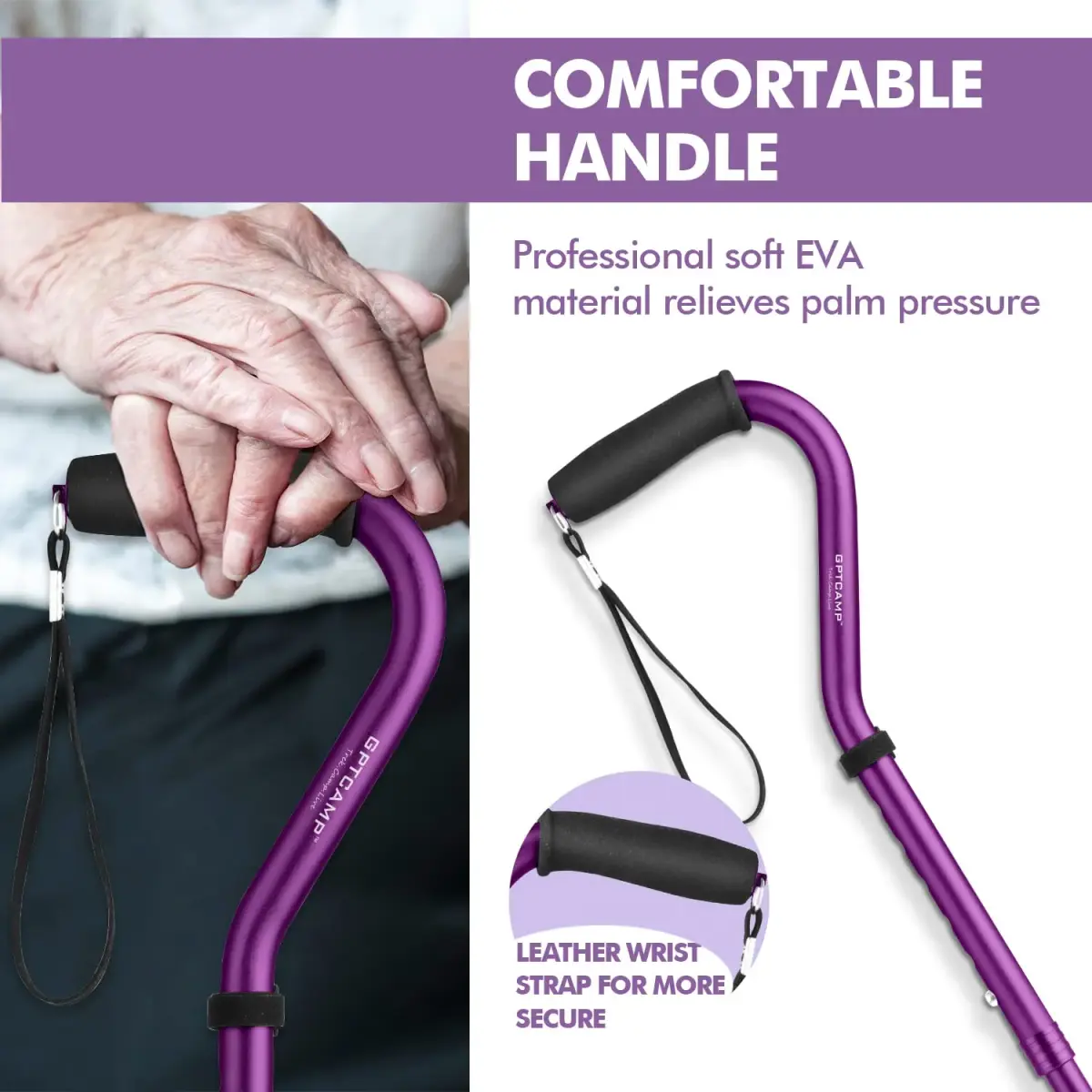 GPTCAMP Quad Base Walking Cane with Offset EVA Handle & Self-Standing Feature | 1.1 lbs Lightweight, 300 lbs Capacity, Adjustable 31"-36" - view 4