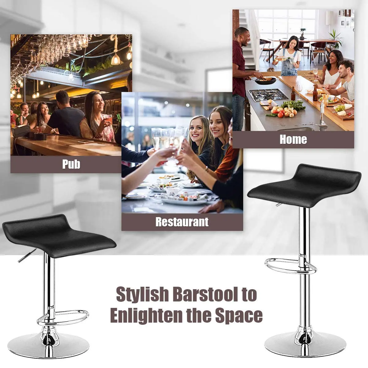 NAFORT Modern Backless Chrome Hydraulic Counter Bar Stools Set of 2 | Swivel Adjustable PU Leather Seats - view 7
