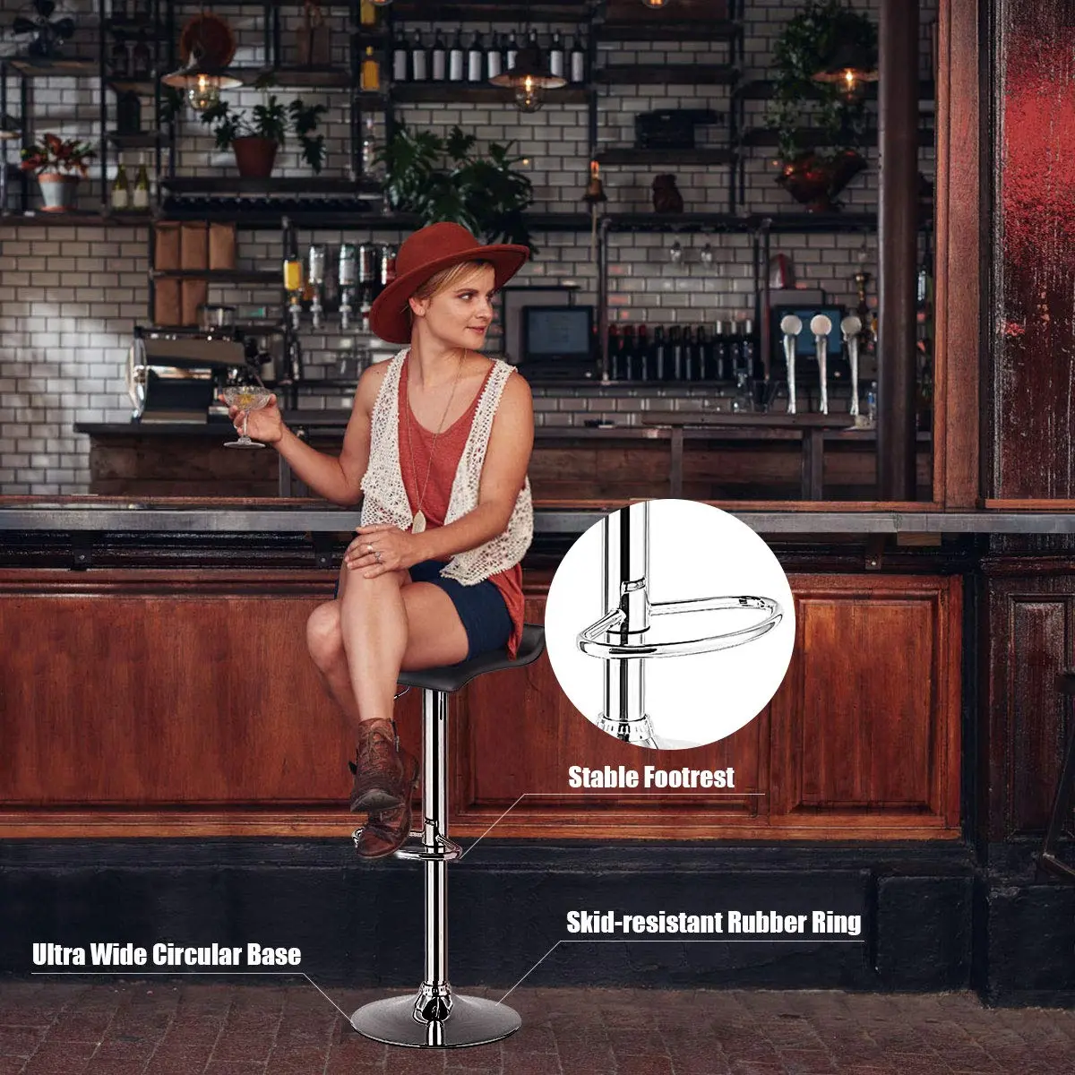 NAFORT Modern Backless Chrome Hydraulic Counter Bar Stools Set of 2 | Swivel Adjustable PU Leather Seats - view 3