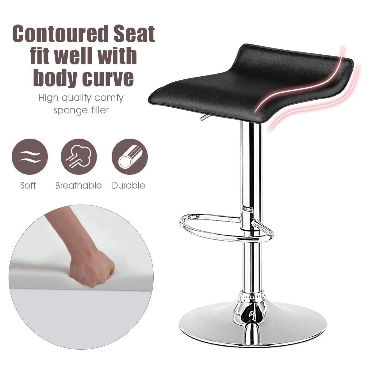 NAFORT Modern Backless Chrome Hydraulic Counter Bar Stools Set of 2 | Swivel Adjustable PU Leather Seats - view 4