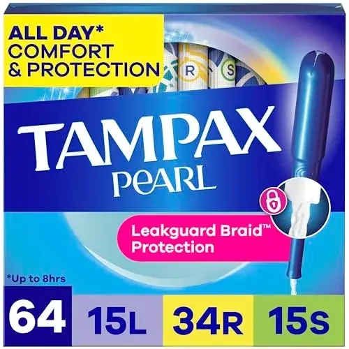 Tampax Pearl Tampons with Leak-Proof Braid, Lightweight/Regular/Super Absorbent, Unscented (Pack of 64) - main product image