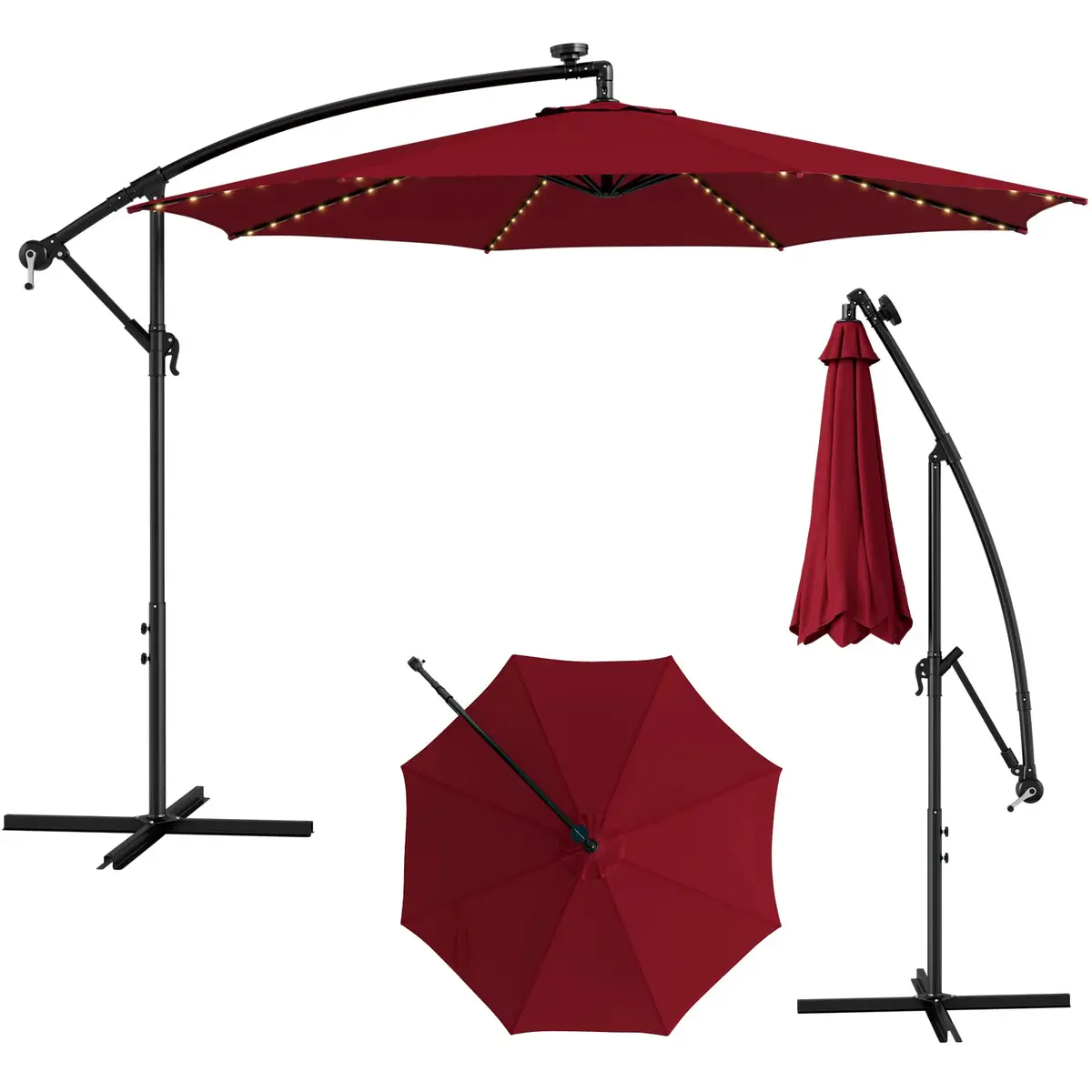 HAPPYGRILL 10 ft Offset Umbrella with 112 LED Lights | Solar-Powered, Tilt & Crank, Stable Cross Base Stand - main product image