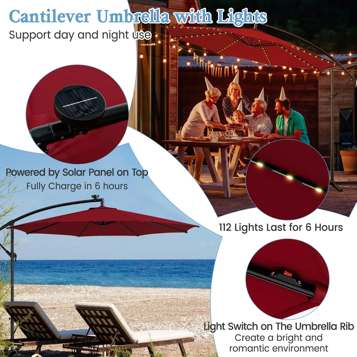 HAPPYGRILL 10 ft Offset Umbrella with 112 LED Lights | Solar-Powered, Tilt & Crank, Stable Cross Base Stand - view 5