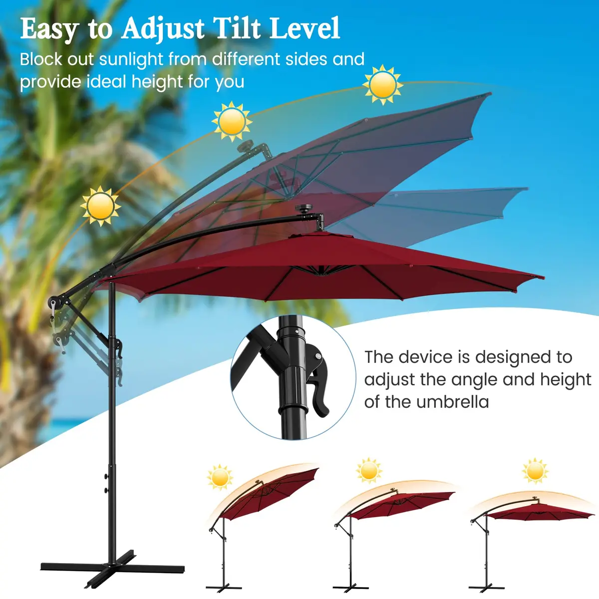 HAPPYGRILL 10 ft Offset Umbrella with 112 LED Lights | Solar-Powered, Tilt & Crank, Stable Cross Base Stand - view 6