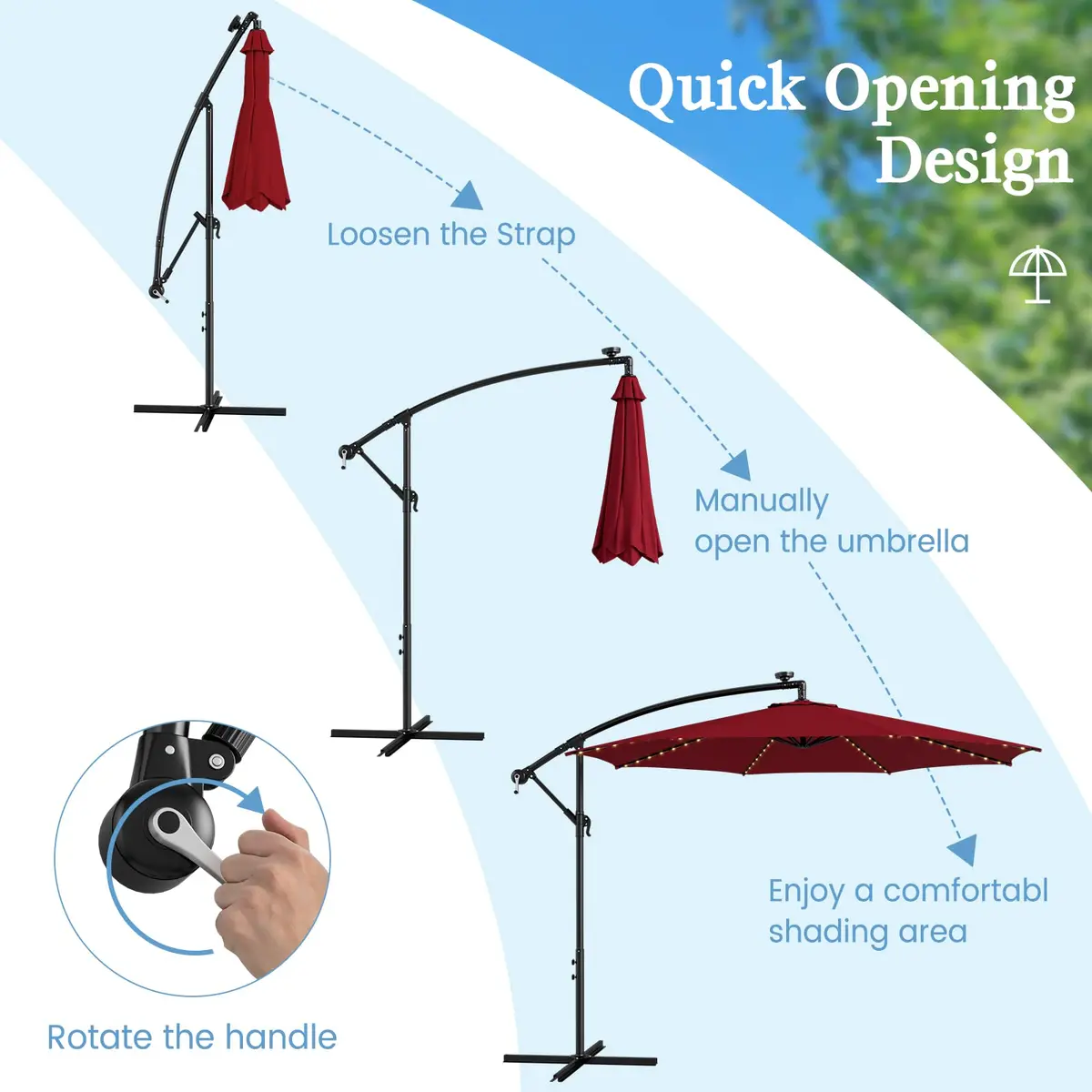 HAPPYGRILL 10 ft Offset Umbrella with 112 LED Lights | Solar-Powered, Tilt & Crank, Stable Cross Base Stand - view 7