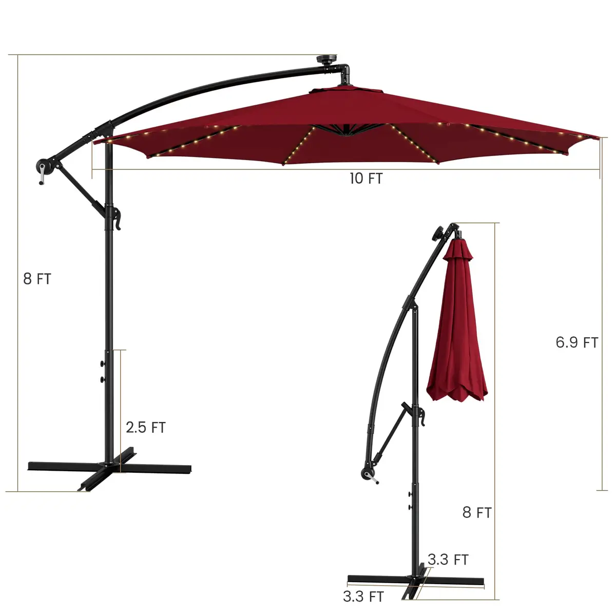 HAPPYGRILL 10 ft Offset Umbrella with 112 LED Lights | Solar-Powered, Tilt & Crank, Stable Cross Base Stand - view 9