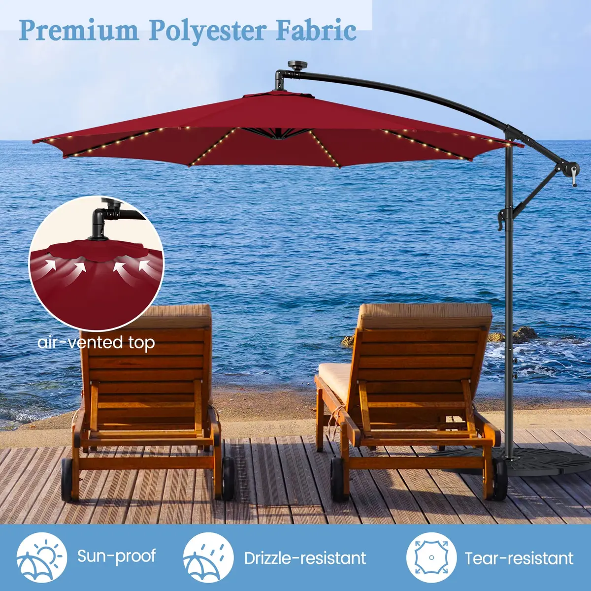 HAPPYGRILL 10 ft Offset Umbrella with 112 LED Lights | Solar-Powered, Tilt & Crank, Stable Cross Base Stand - view 4