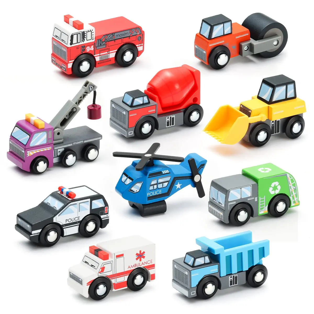 SainSmart Jr. Wooden Train Set Accessories Toy Cars (10 PCS) - 16.6cm x 23.7cm x 5.9cm | Compatible with Major Brands - main product image