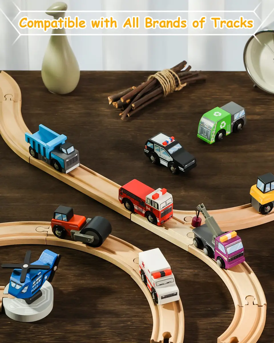 SainSmart Jr. Wooden Train Set Accessories Toy Cars (10 PCS) - 16.6cm x 23.7cm x 5.9cm | Compatible with Major Brands - view 4