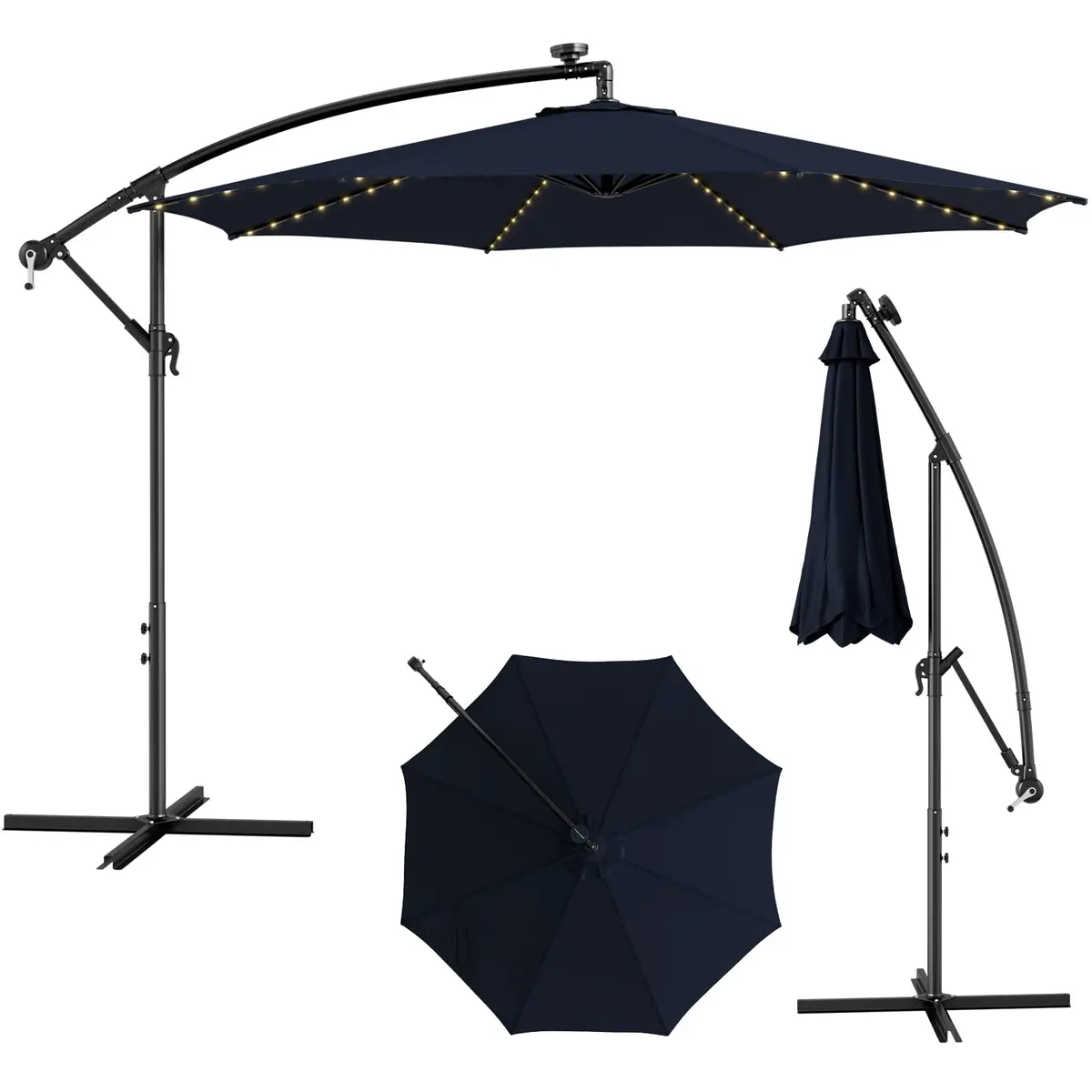 HAPPYGRILL 10FT Cantilever Offset Patio Umbrella with Solar Lights | Large 80 sq.ft Shade, Solar LED, Tilt & Crank, Stable Metal Support - main product image
