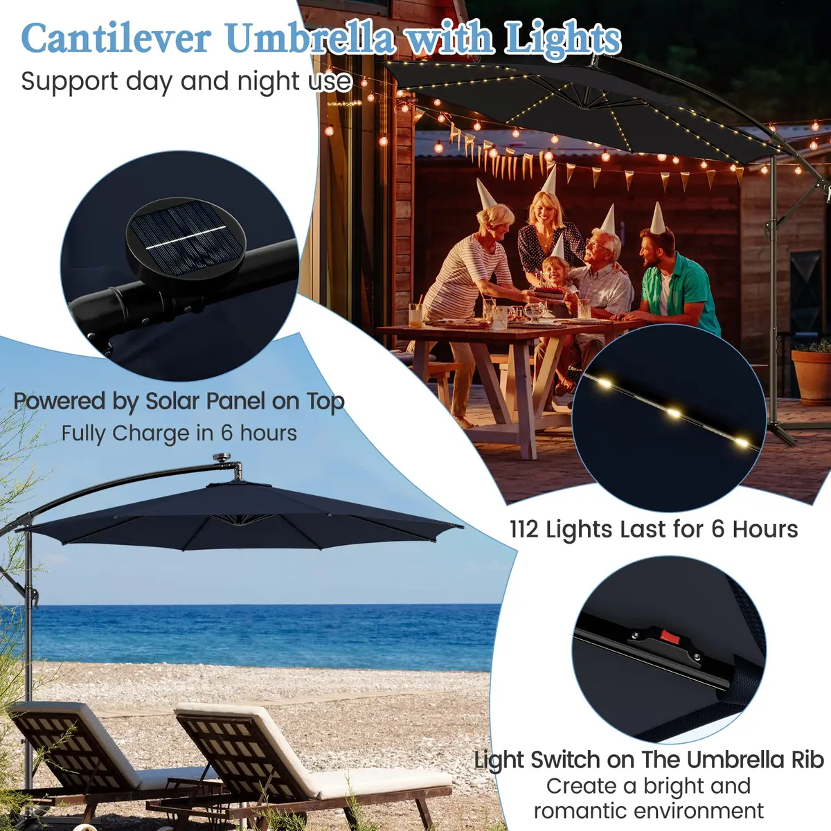 HAPPYGRILL 10FT Cantilever Offset Patio Umbrella with Solar Lights | Large 80 sq.ft Shade, Solar LED, Tilt & Crank, Stable Metal Support - view 5
