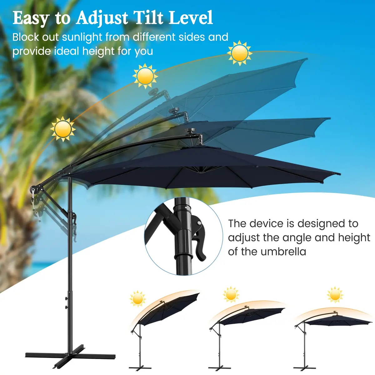 HAPPYGRILL 10FT Cantilever Offset Patio Umbrella with Solar Lights | Large 80 sq.ft Shade, Solar LED, Tilt & Crank, Stable Metal Support - view 6
