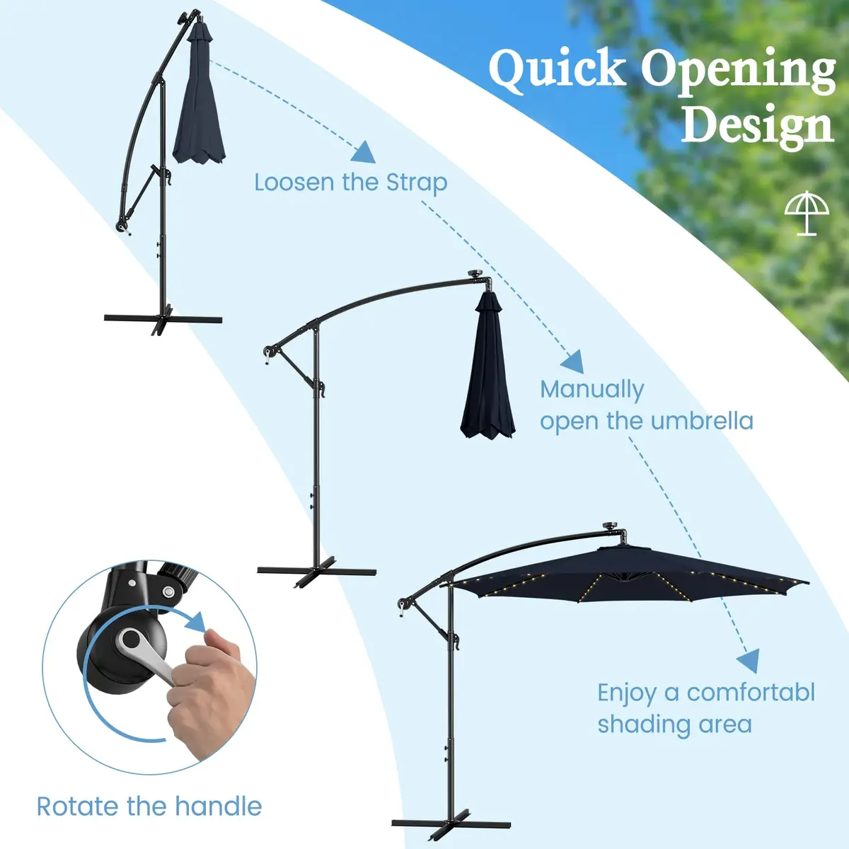 HAPPYGRILL 10FT Cantilever Offset Patio Umbrella with Solar Lights | Large 80 sq.ft Shade, Solar LED, Tilt & Crank, Stable Metal Support - view 7