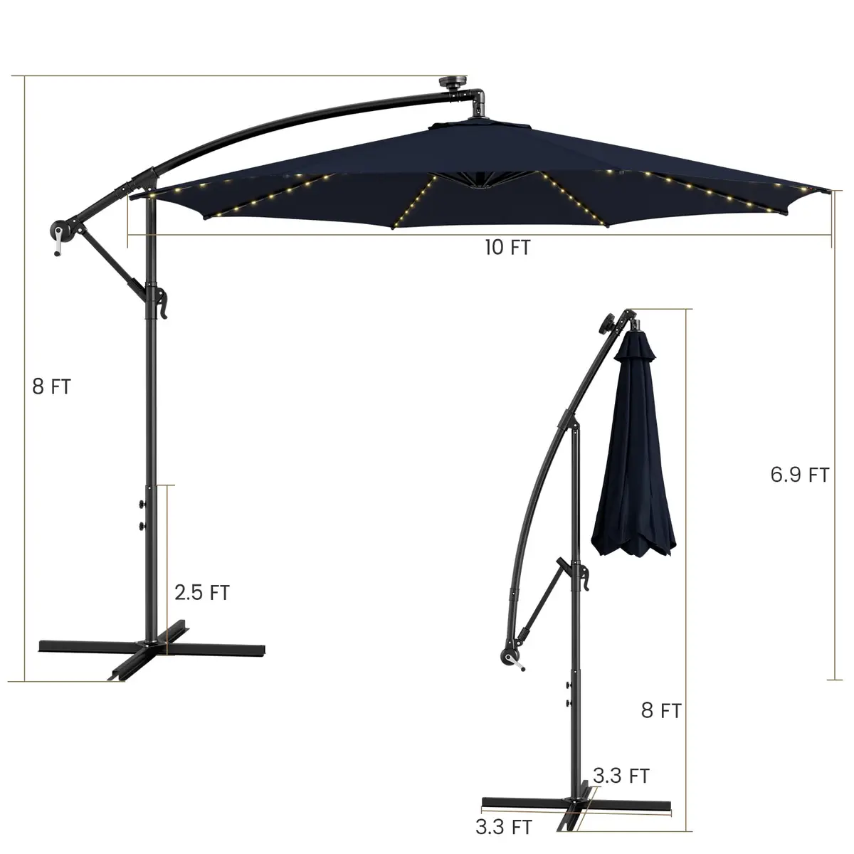 HAPPYGRILL 10FT Cantilever Offset Patio Umbrella with Solar Lights | Large 80 sq.ft Shade, Solar LED, Tilt & Crank, Stable Metal Support - view 9