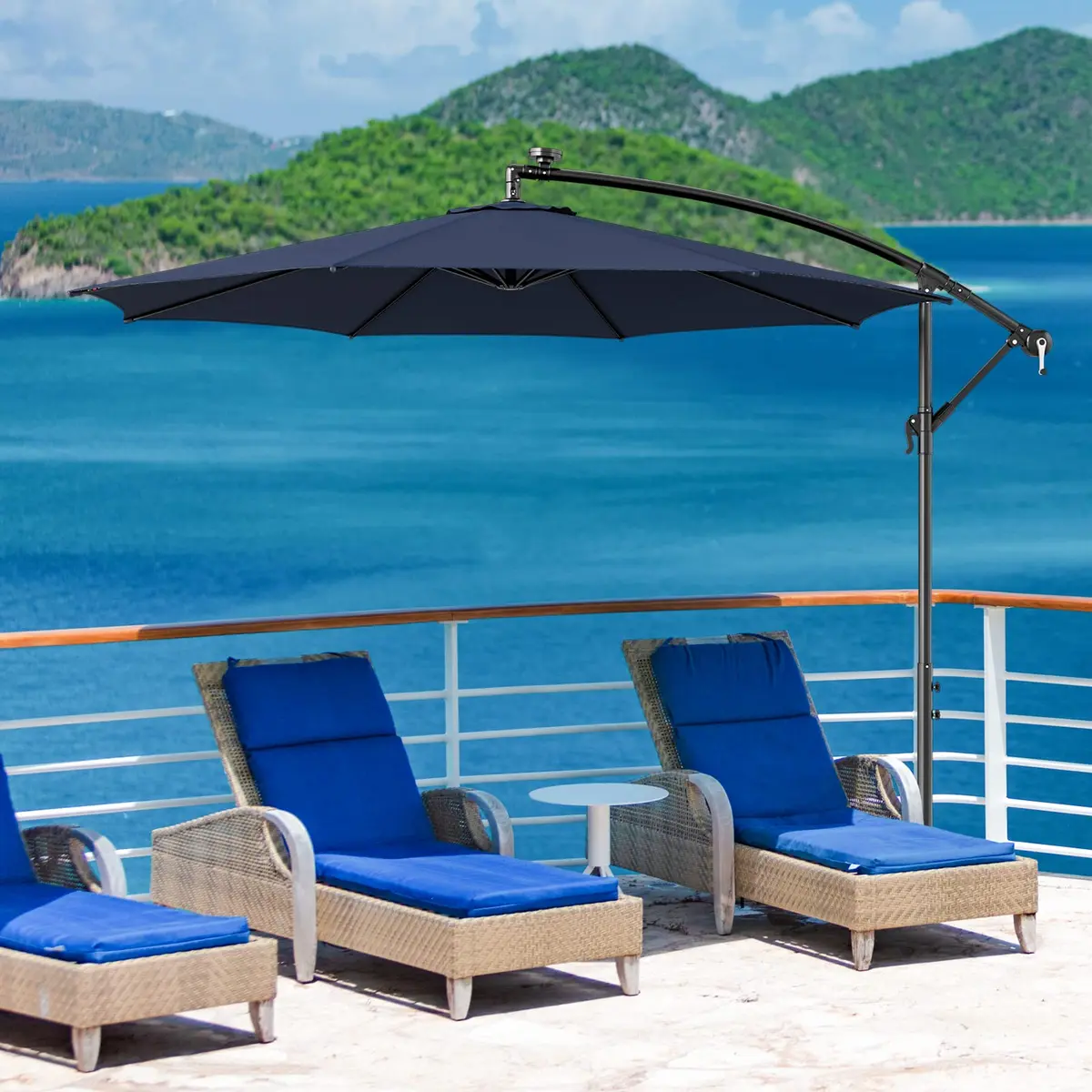 HAPPYGRILL 10FT Cantilever Offset Patio Umbrella with Solar Lights | Large 80 sq.ft Shade, Solar LED, Tilt & Crank, Stable Metal Support - view 3