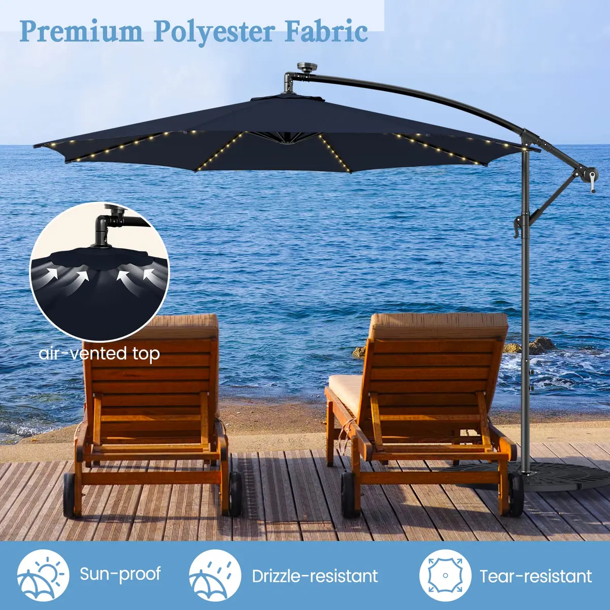 HAPPYGRILL 10FT Cantilever Offset Patio Umbrella with Solar Lights | Large 80 sq.ft Shade, Solar LED, Tilt & Crank, Stable Metal Support - view 4