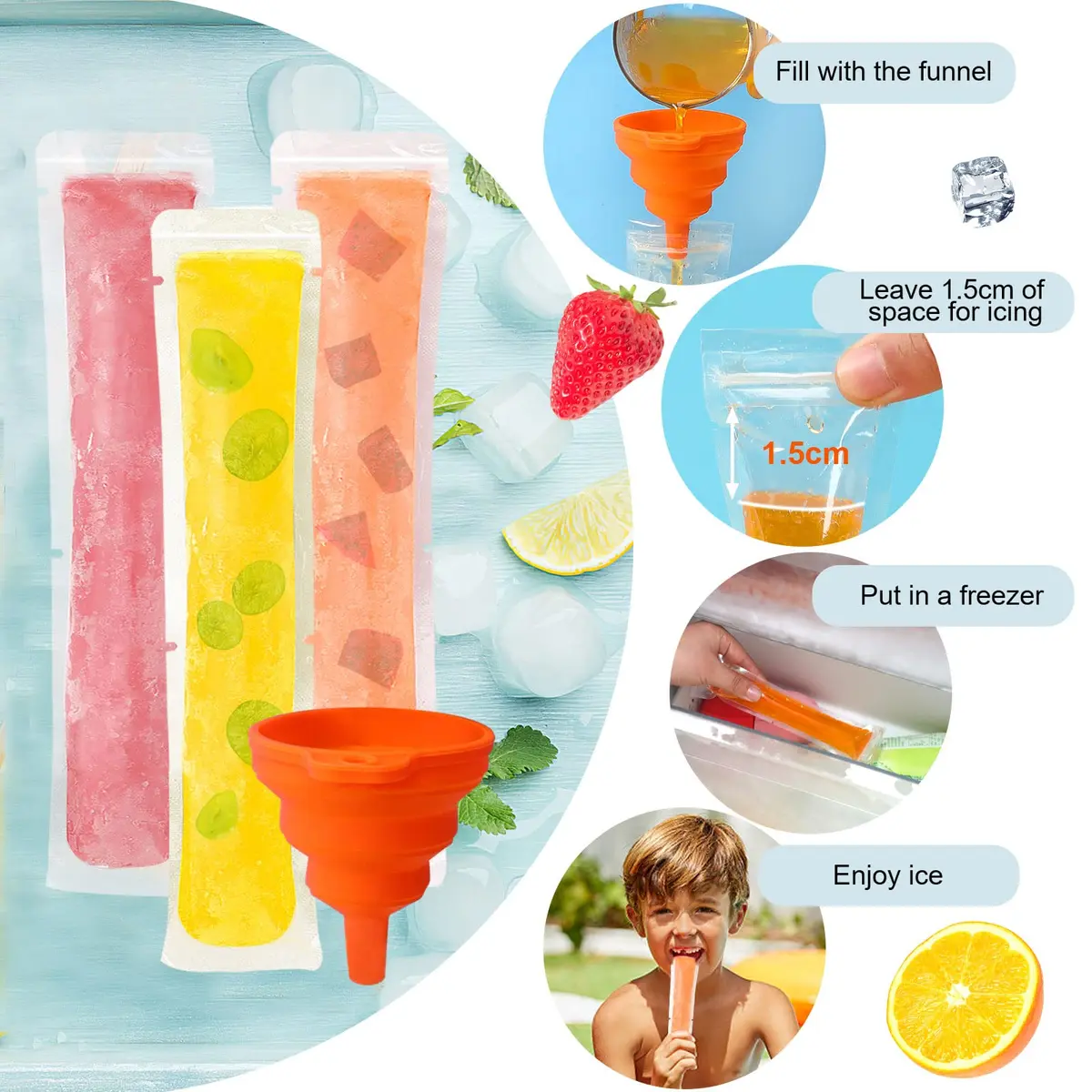 FEBSNOW Disposable Ice Pop Bags with Funnel, 120 Pcs (2"x7.5") | BPA-Free Plastic for DIY Frozen Snacks - view 2