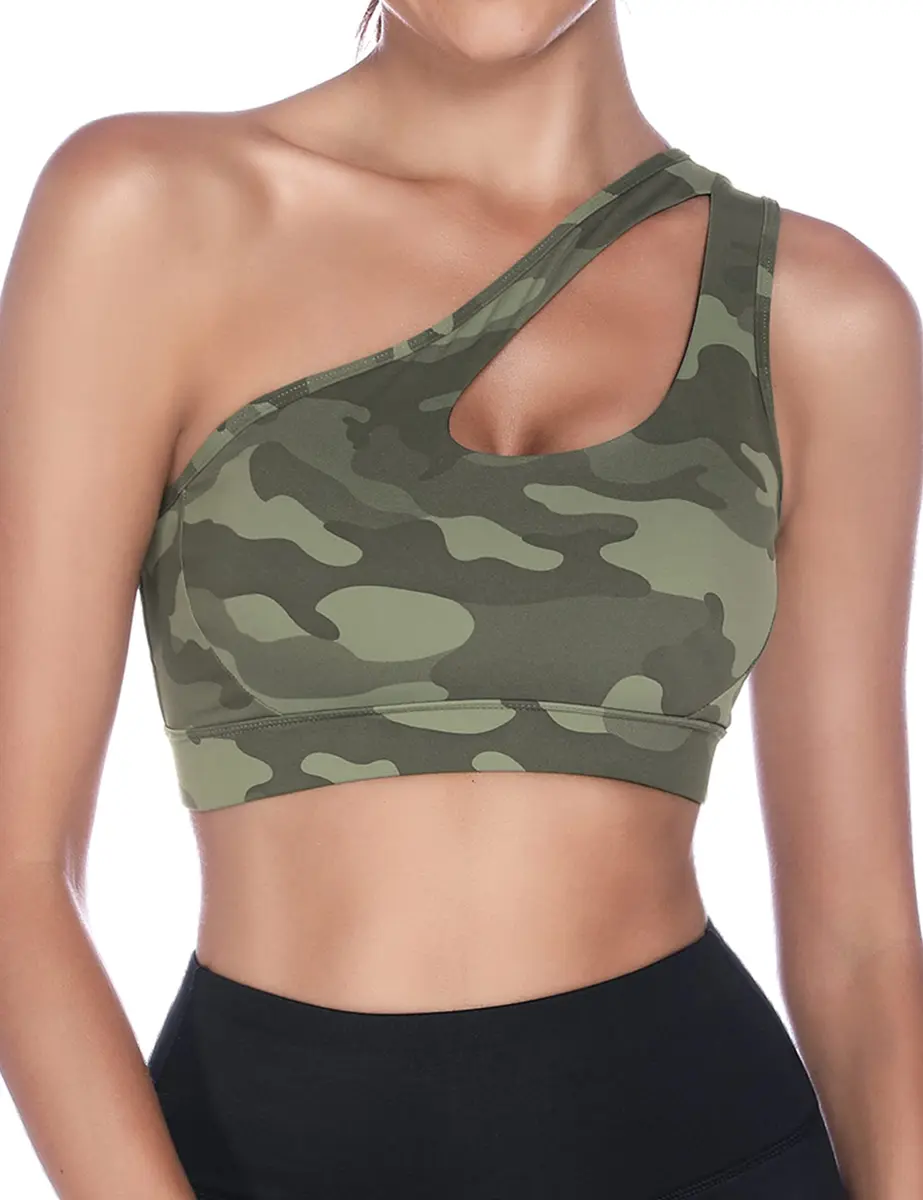 Sykooria Women's One Shoulder Sports Bra Camouflage Green | Medium Support, Breathable & Soft Fabric - main product image