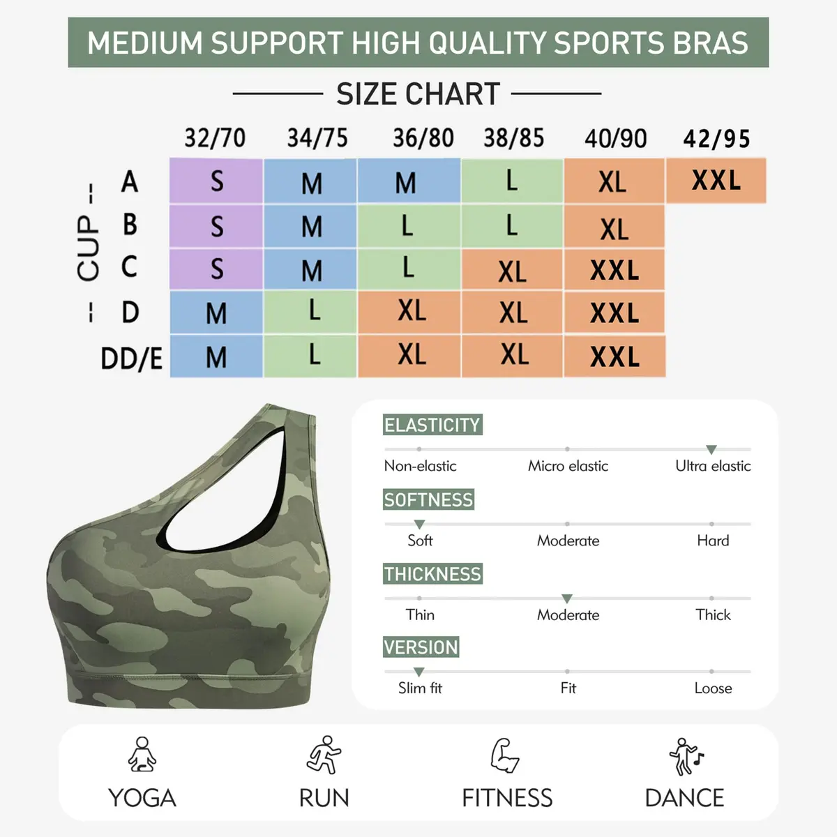 Sykooria Women's One Shoulder Sports Bra Camouflage Green | Medium Support, Breathable & Soft Fabric - view 5