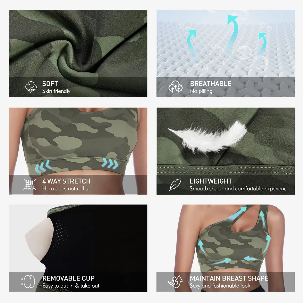 Sykooria Women's One Shoulder Sports Bra Camouflage Green | Medium Support, Breathable & Soft Fabric - view 4