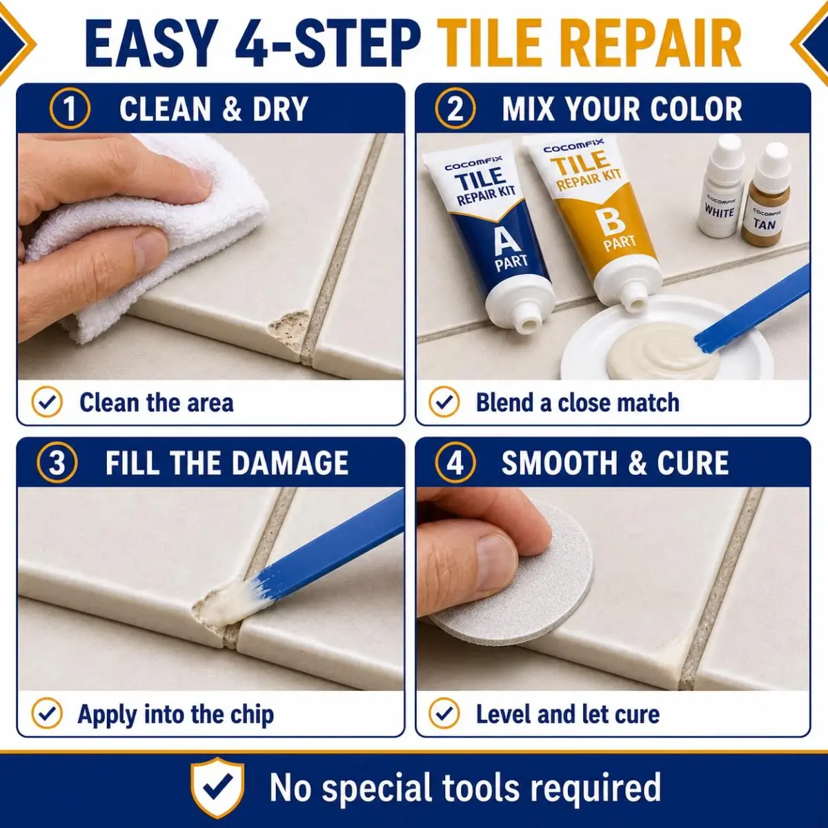 cocomfix Tile Repair Kit, Porcelain & Ceramic Chip, Crack & Hole Filler (231g / 8.15 oz) | USA-Sourced for Seamless DIY Restoration - view 4